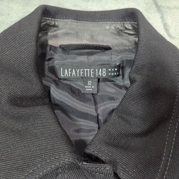 Lafayette 148 Blazer 12 Black Wool Blend Leather Trim Business Casual Jacket - Picture 3 of 10